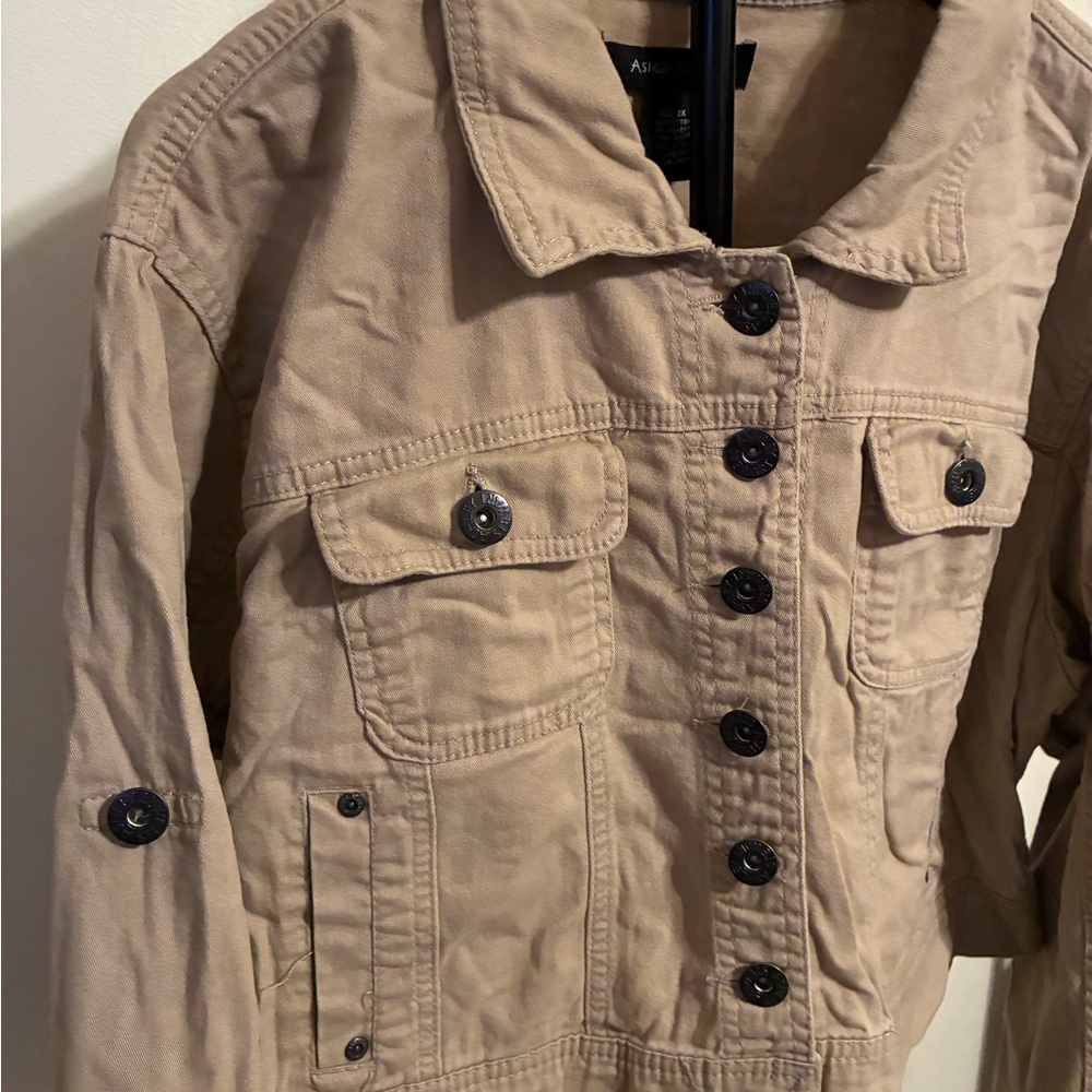 Ashley Stewart Tan Cropped Twill Jean Jacket Utility Wide Cuff Classic Clean 2X - Picture 6 of 9